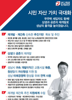 기호 2번-성남 첫, 희망시장. 신상진 / 시민 자산 가치 극대화. 무주택 세입자도 함께! 상생과 공존의 재개발로 성남의 품격을 높이겠습니다. / 1. 재개발&middot;재건축 신속한 추진기반 확보 및 추진 - 1) 재건축 용적률 상향, 종상향, 30년 이상 노후공동주택 건축안전진단 완화. 2) 취임 즉시 성남시 도시 및 주거환경기본계획 신속한 전면 수정, 재정비기간 이주전용단지 조성 추진. 3) 취임 즉시 분당 빌라단지 종환원 추진. 4) 분당 단독주택 용적률, 건폐율 상향. / 2. 상생과 공존의 재개발 - 1) 무주택 세입자도 함께 살수 있는 상생과 공존의 재개발. 2) 3차 고도제한 완화 장기적 서울공항 이전 추진. 3) 공동주택 리모델링 사업지원. / 3. 성남시 귀속 개발이익은 교통시설 확충, 청년들의 자산형성 지원 등 성남 미래경쟁력 향상을 위해 전액 사용. - 1) 현행 '철도기금'응ㄹ 확대 개편하여 철도망 구축뿐만 아니라 버스준공영제 등 광역 및 시내 교통체계 확립을 위해 투자. 2) 개발이익의 일정부분을 증권화 또는 블록체인화(NFT)하여 성남시 청년들에게 제공하여 청년들의 자산형성 지원.
