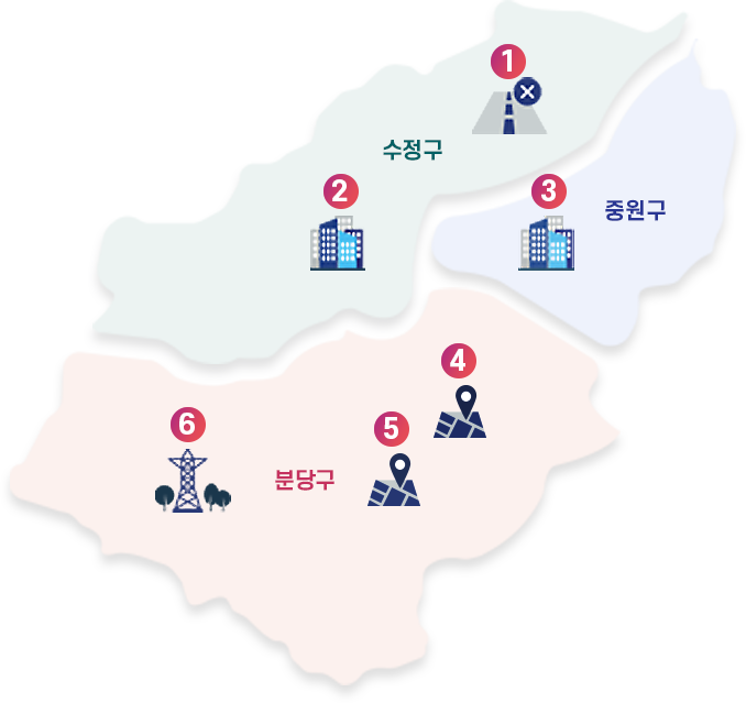 공정과 상식으로 신뢰받는 소통행정 수정구, 중원구, 분당구 지도